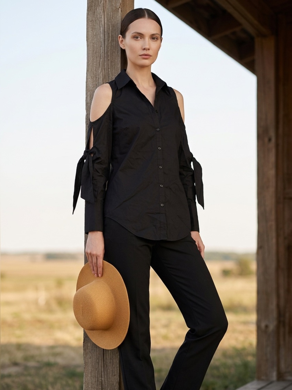 Romeo & Juliet Medium Black Tacked Cold Shoulder Bow Collared Button Up Top